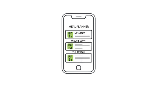 A Line Drawing Of A Mobile Phone With A Meal Planner App Open On The