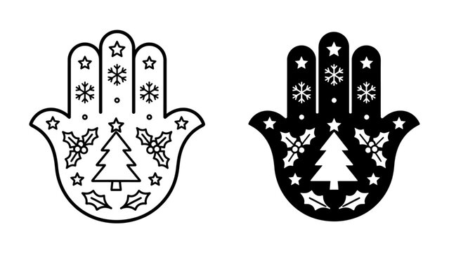 Hamsa Hand Christmas Ornament: Two stylized Hamsa hands, one outlined in black and the other solid black, adorned with Christmas tree, snowflakes, holly leaves, and stars.