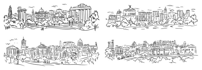 Historic European city panoramas with classical architecture and domes in line art sketch style © Aisha Kudorova