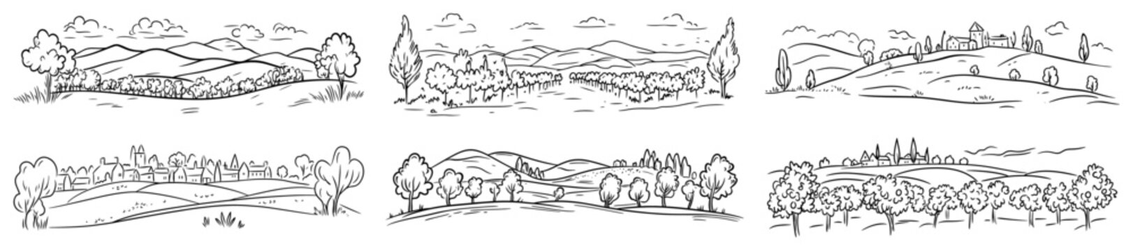 Rural countryside landscapes with rolling hills orchards and farmhouses in hand drawn line art style