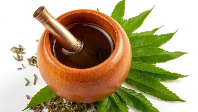 Gourd with mate, straw, and green foliage on a white backdrop.