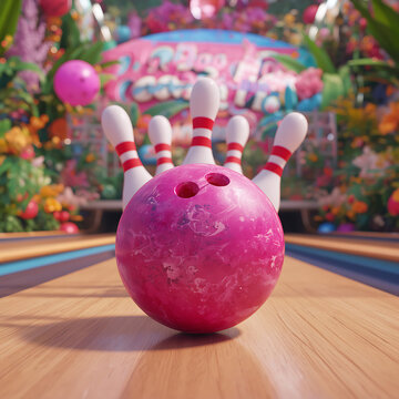 a lush 3d render of 3d render of a pink bowling ball in the foreground, 3D model, excited, vibrant palette, exaggerated, unreal engine, octane engine, vray, stylized CG animation