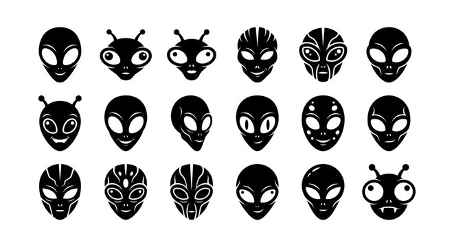 Alien face icon set. collection of extraterrestrial head silhouettes with big eyes and various shapes. ufo, sci-fi, and outer space creature symbols for design projects.