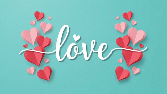 3 d paper cut hearts and white script love text on teal background