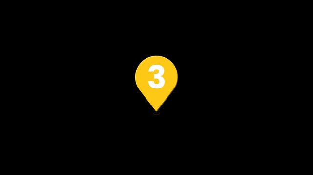 Yellow location pin with number three animation on transparent background for map navigation GPS destination marker and waypoint indicator alpha channel