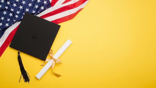 Graduation cap, U.S. flag, and diploma arranged on yellow backdrop.
