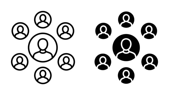 Network Structure: Two simple circular diagrams depicting a central figure surrounded by multiple smaller figures, illustrating connection and communication.