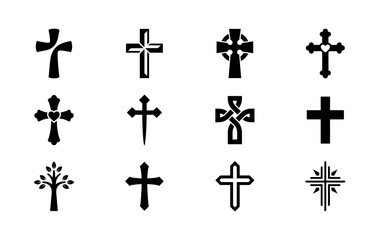 Fototapeta premium Christian cross icons collection isolated on white background, diverse religious holy symbol set, traditional ornate and simple crucifix shapes for spiritual graphic design projects and church art.