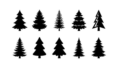 Christmas trees collection isolated on white background, black pine spruce silhouette icons set, festive evergreen forest symbols, traditional holiday tree shapes for greeting cards web graphic. © MDISMAIL