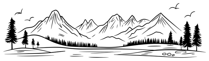 Mountain peaks with pine forest shoreline minimalist bold line art landscape © Aisha Kudorova