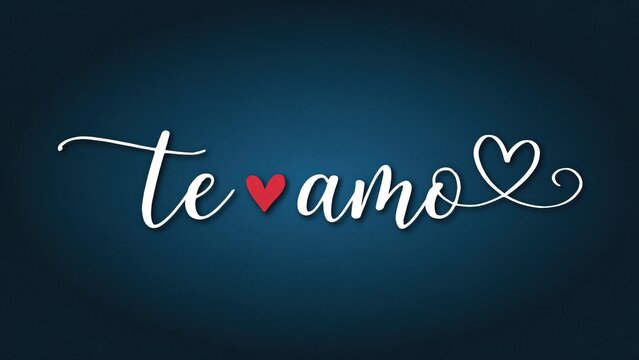 Te amo script lettering with a red heart on a dark blue background