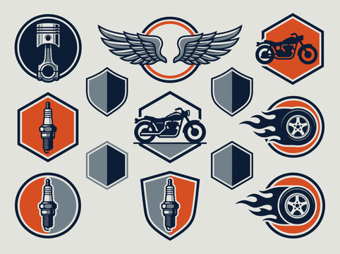 Vintage Motorcycle Logo and Emblem Set. Retro Biker Badges featuring Spark Plugs, Wings, and Flaming Wheels for Garage or Club Branding.