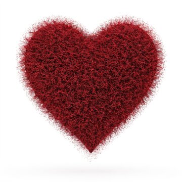 Red heart shape covered in fine fibrous texture on white background