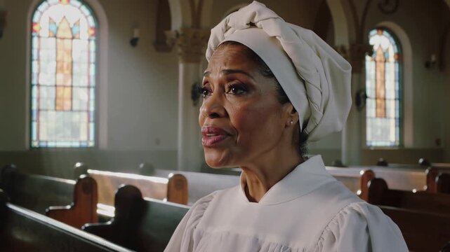 Singing choir member in white robe and headwrap clapping while hymn starting at church, copy space