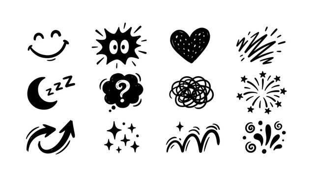Doodle icons set with hand drawn black ink design elements including smile heart moon stars arrows question mark and abstract splash shapes for comic stickers or social media decoration layouts.