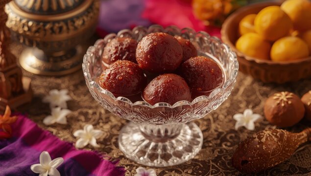 Gulab Jamun in a glass dish with Middle Eastern tableware