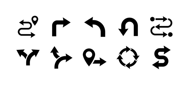 Road navigation arrow icon set featuring diverse directional symbols for travel mapping location markers circular loops winding paths split signs turn indicators pointer guidance map routing designs.