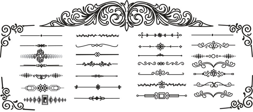 Vintage ornamental dividers and text separators vector set. Decorative dividers, elegant line art, ornamental borders, vintage separators, floral accents, whimsical designs, creative embellishments, C
