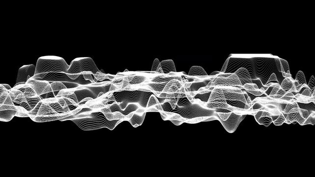 Flowing wireframe background with interconnected white lines on a black background. Abstract monochrome mesh pattern in slow motion.