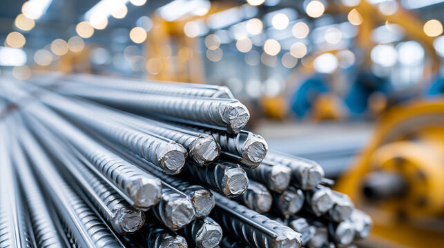 Close-up of steel rebar bars stacked in a construction warehouse setting.