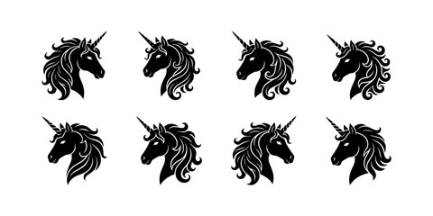 Unicorn head silhouette set, mystical creature with a single horn, flowing mane and beard, in various stylish ornate designs, isolated on white. © MDISMAIL