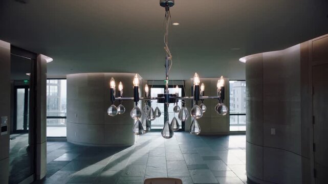 Motorized control lowering crystal chandelier over white table, bulbs illuminating to light space