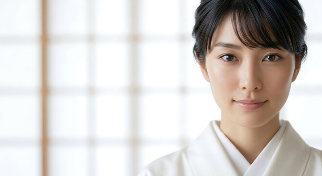 白背景の障子の前で微笑む白い着物を着た若い日本人女性、左側に文字入れ用のコピースペースがある和風のポートレート写真素材