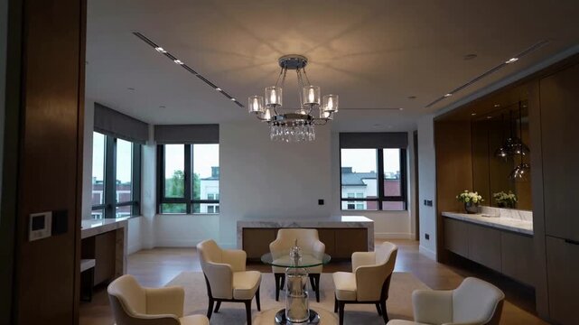 Pulling back camera revealing metal chandelier casting soft ceiling shadows over dining and kitchen