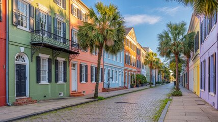 Naklejka premium Colorful historic row houses with palm trees lining a cobblestone street in Charleston South Carolina Keywords: Charleston, South Carolina, historic district, Rainbow