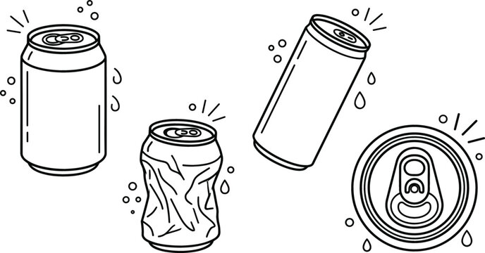 Aluminum soda can line icon set featuring crushed tin beverage container top view and blank metallic packaging vectors
