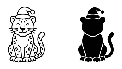 Festive Felines in Santa Hats: Two stylized cheetah or leopard cubs, one outlined and the other a silhouette, wear Santa hats, embodying the spirit of Christmas joy and winter celebration. © babuni