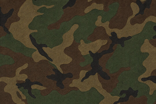 Classic woodland camouflage seamless pattern. Green and brown military tactical background texture with canvas overlay.