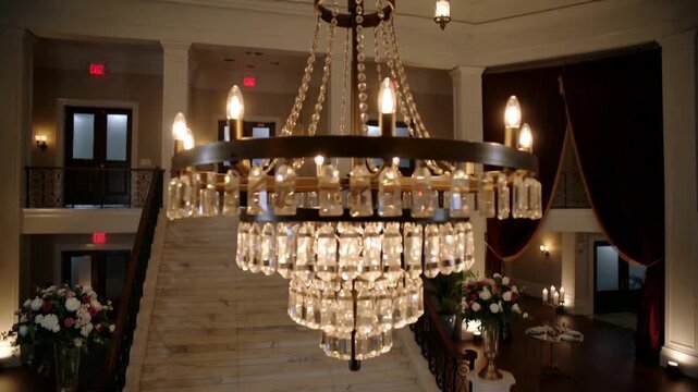 Sequence starting, descending ornate crystal chandelier moving into entry hall, showing centerpiece