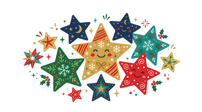 Merry Christmas Santa Colorful star icons, festive holiday decorations, Christmas symbols, shiny illustrations VECTOR