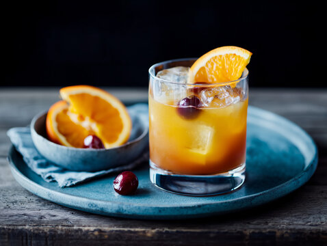 classic whiskey sour with orange slice and cherries