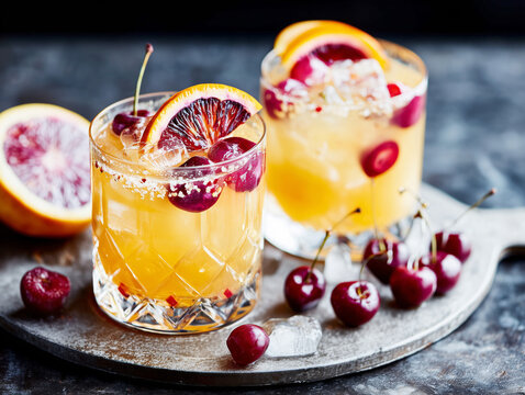 classic whiskey sour with orange slice and cherries