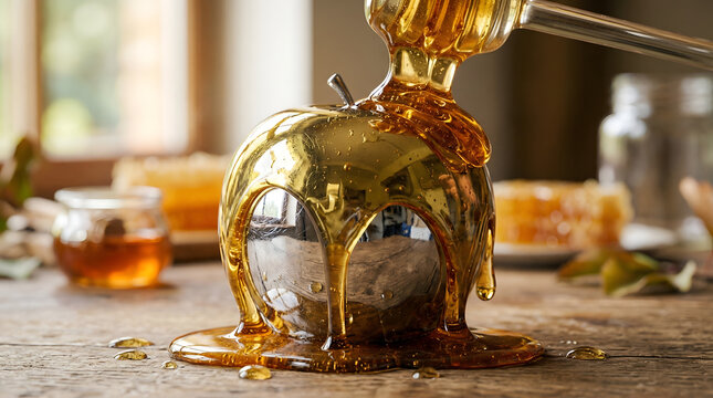 Thick golden honey pouring smoothly over transparent glass sphere on wooden table