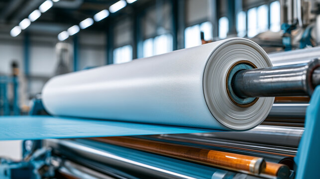 Large industrial roll of nonwoven fabric on automated production line in modern textile manufacturing factory	
