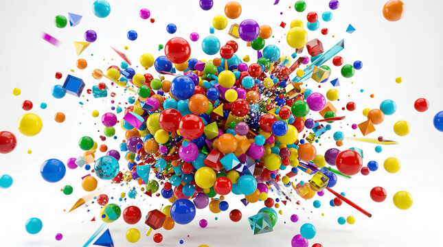 Vibrant colorful paint balls exploding outward against pure white background