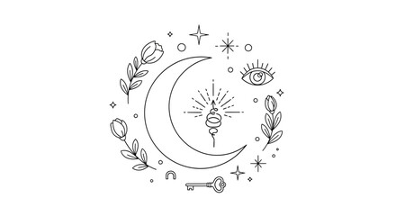 Obraz premium Celestial Moon and Floral Mystical Line Art Illustration