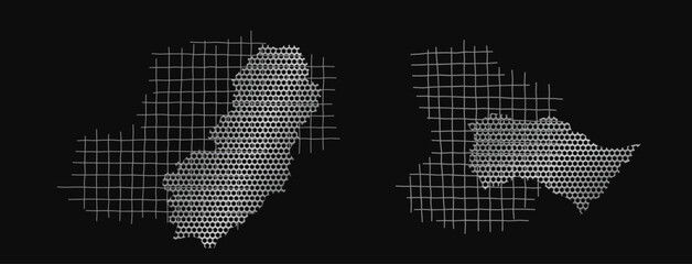 Fototapeta premium Set of torn metal steel grid vector elements on black background. Silver mesh fragments with ripped edges, grunge texture, strips, frames, and rough patches
