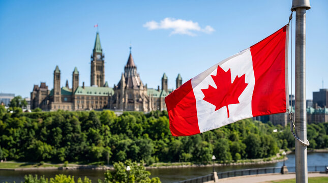 Canadian flag waving in front of the parliament buildings in ottawa, ontario, canada