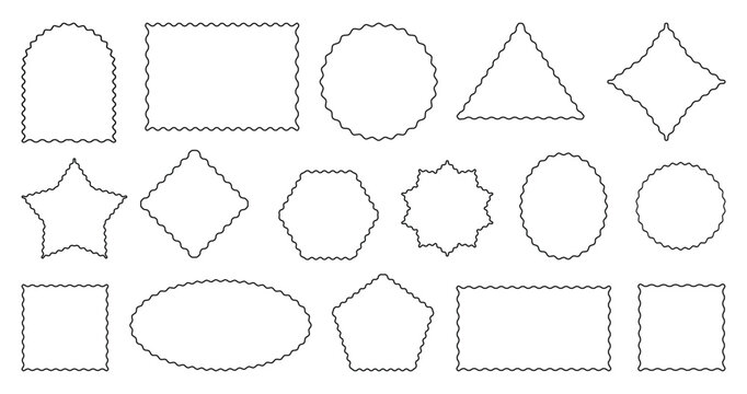 Collection of hand drawn wavy frames and abstract borders in black outline. Squiggle frames set. Zigzag wavy edges, retro frames, stickers, photo frames, rectangles, circle, ovals, stars, and labels.