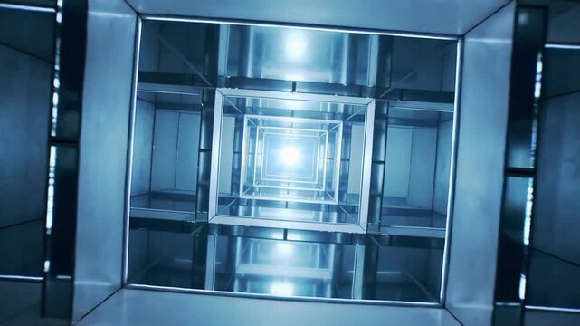 Moving camera through nested mirror frames in mirror room showing alignment toward central light
