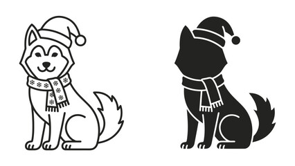 Festive Husky Duo: A charming husky dog, adorned with a Santa hat and a winter scarf, is presented in two styles: a clean outline and a solid silhouette, ready for holiday graphics. © Hasem