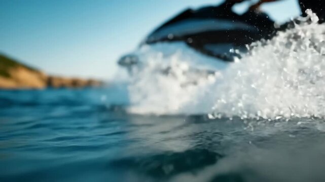 Dynamic close up of water splashing with a blurry jet ski rushing through the blue sea on a sunny day.