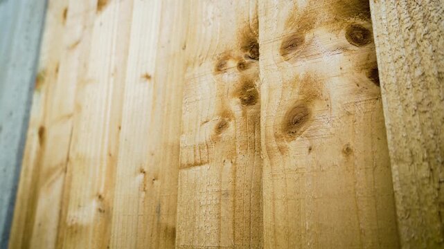 Timber fence boards featuring visible wood knots and rustic surface details. Backyard enclosure structure supporting privacy security and residential garden design. Natural lumber texture background