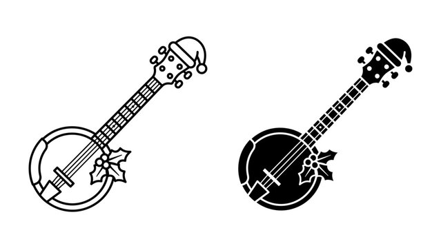 Christmas Banjo Illustration: Two banjo icons, one outlined and one silhouetted, are adorned with festive Santa hats and holly leaves, symbolizing holiday cheer and musical celebration.