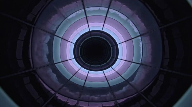 Showing octagon skylight cycling LEDs in atrium revealing segmented panels radial ribs central void