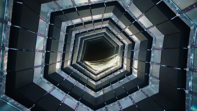 Circling golden ribbon moving along hexagonal shaft with mirrored panels following spark appearing